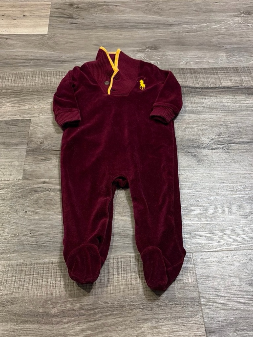 Polo by Ralph Lauren Burgundy Velvet Baby One-Piece with Yellow Accents